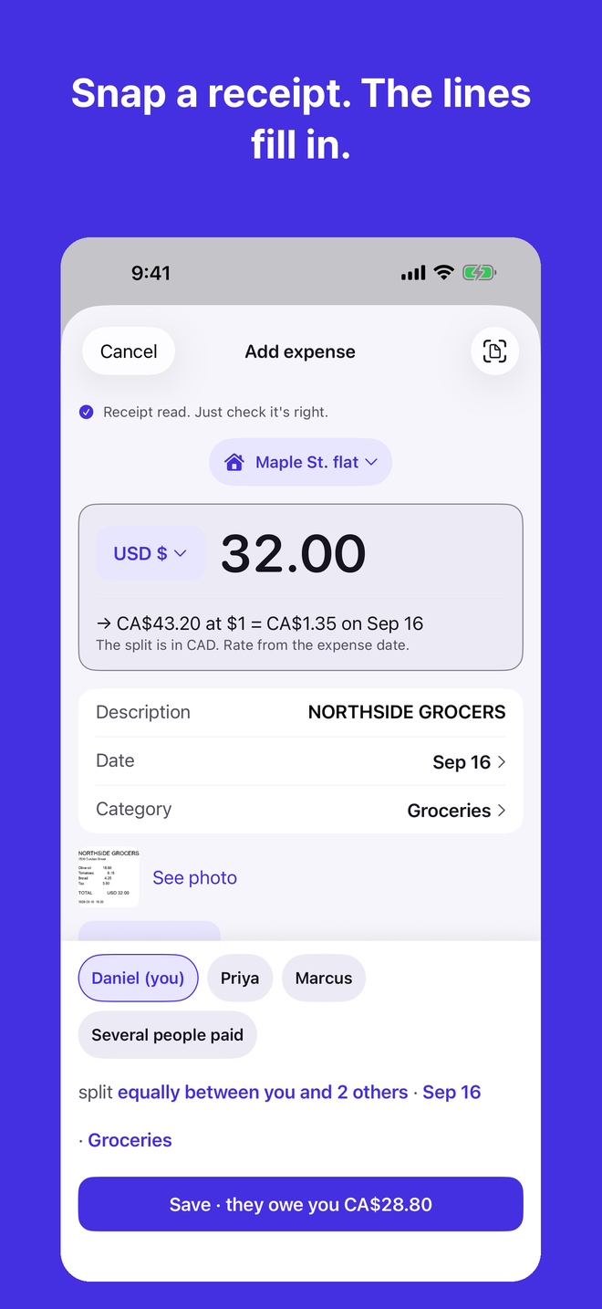 Snap a receipt. The lines fill in.